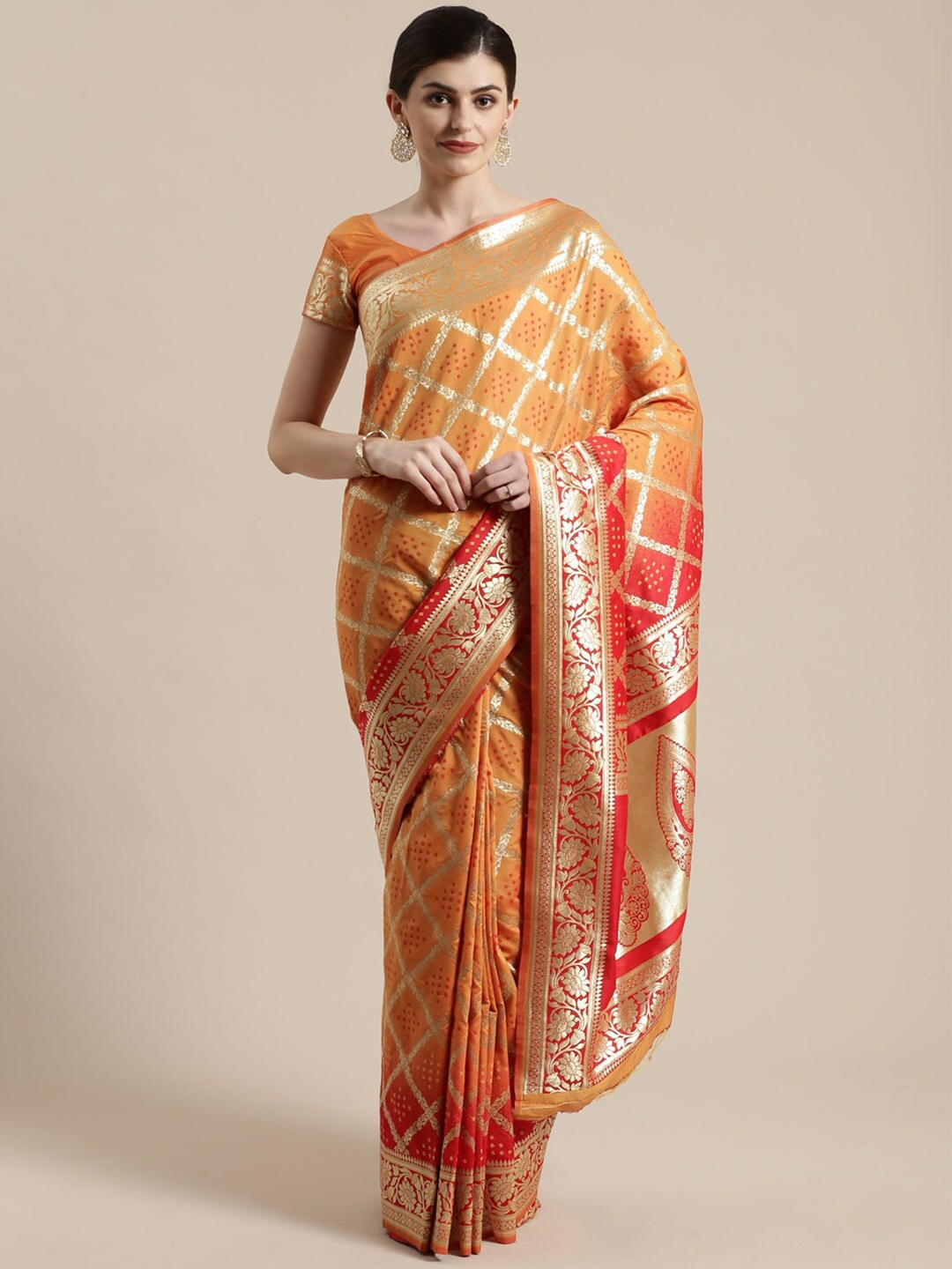 

Saree mall Mustard Yellow & Red Woven Design Silk Blend Sarees