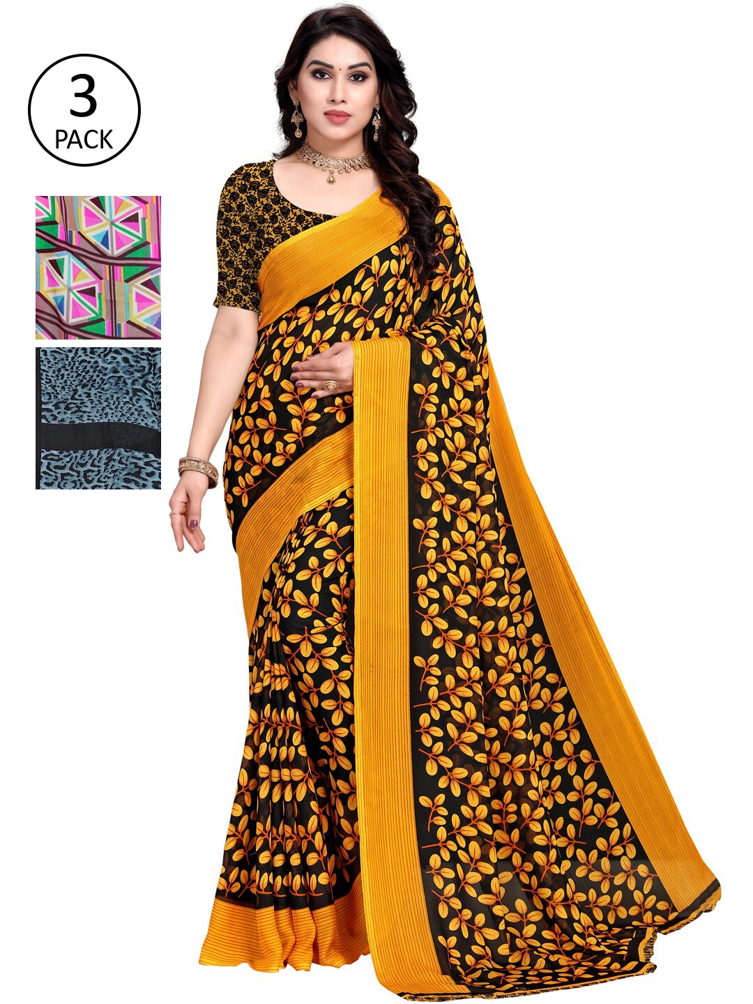 

KALINI Pack Of 3 Pink & Yellow Ethnic Motifs Saree