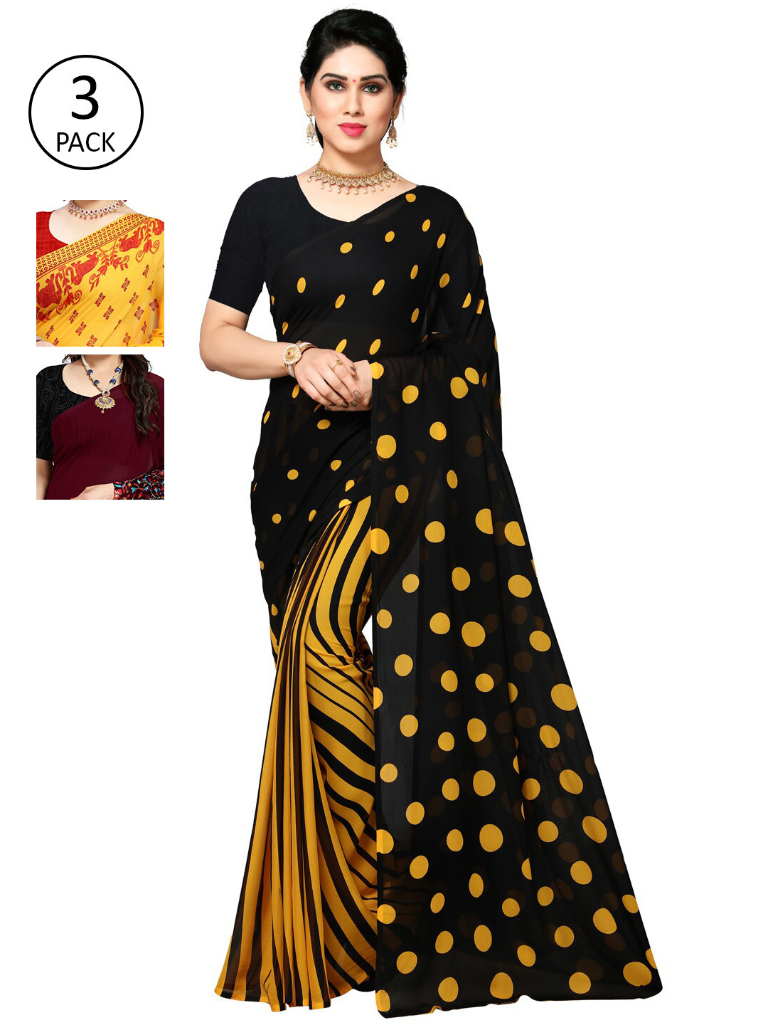 

ANAND SAREES Pack Of 3 Yellow & Black Saree