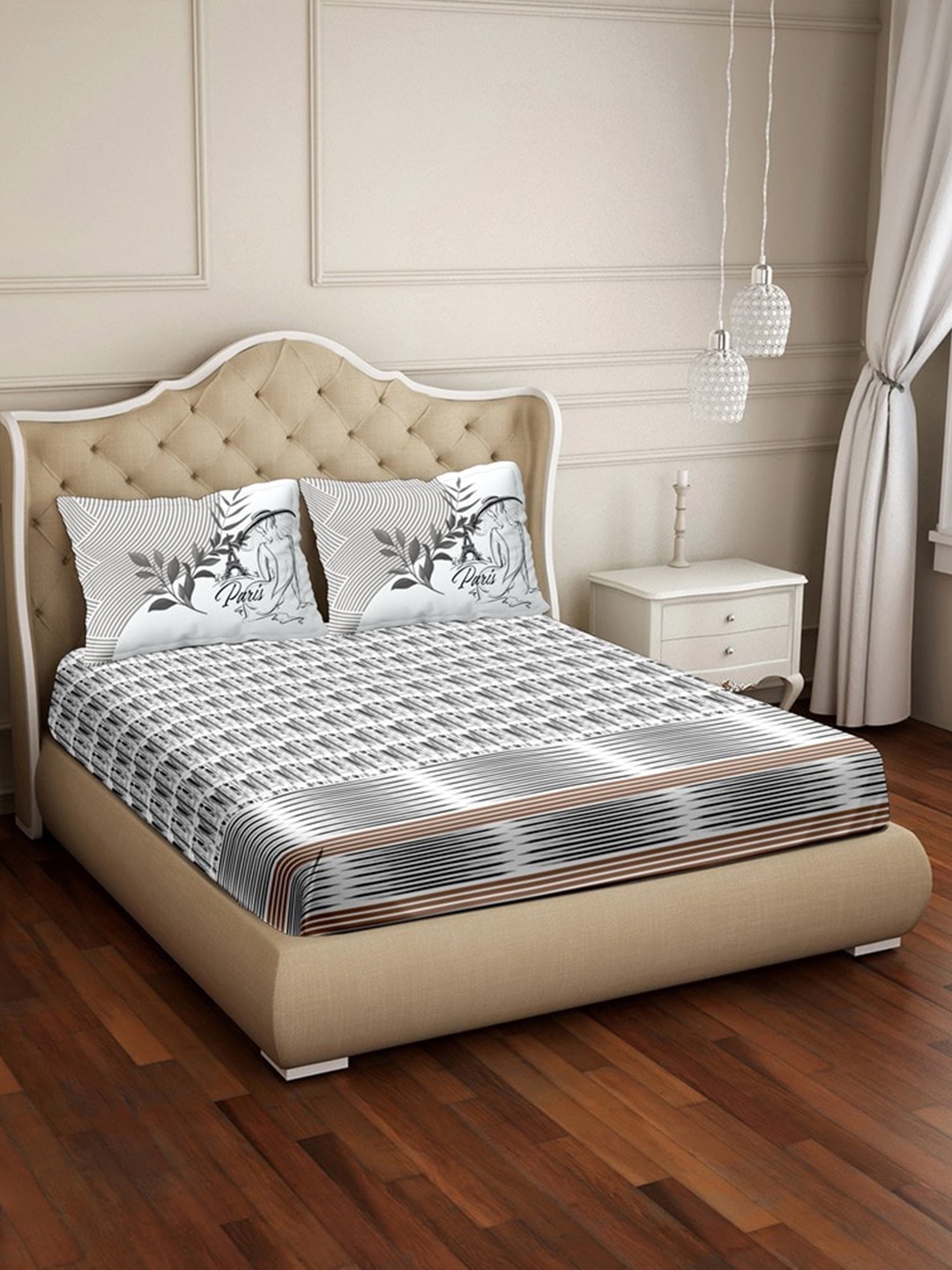 

BELLA CASA Grey & White Geometric 250 TC King Bedsheet with 2 Pillow Covers
