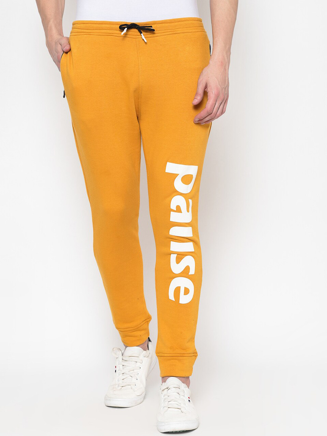 

PAUSE SPORT Men Mustard Yellow Solid Cotton Antimicrobial Slim-Fit Joggers