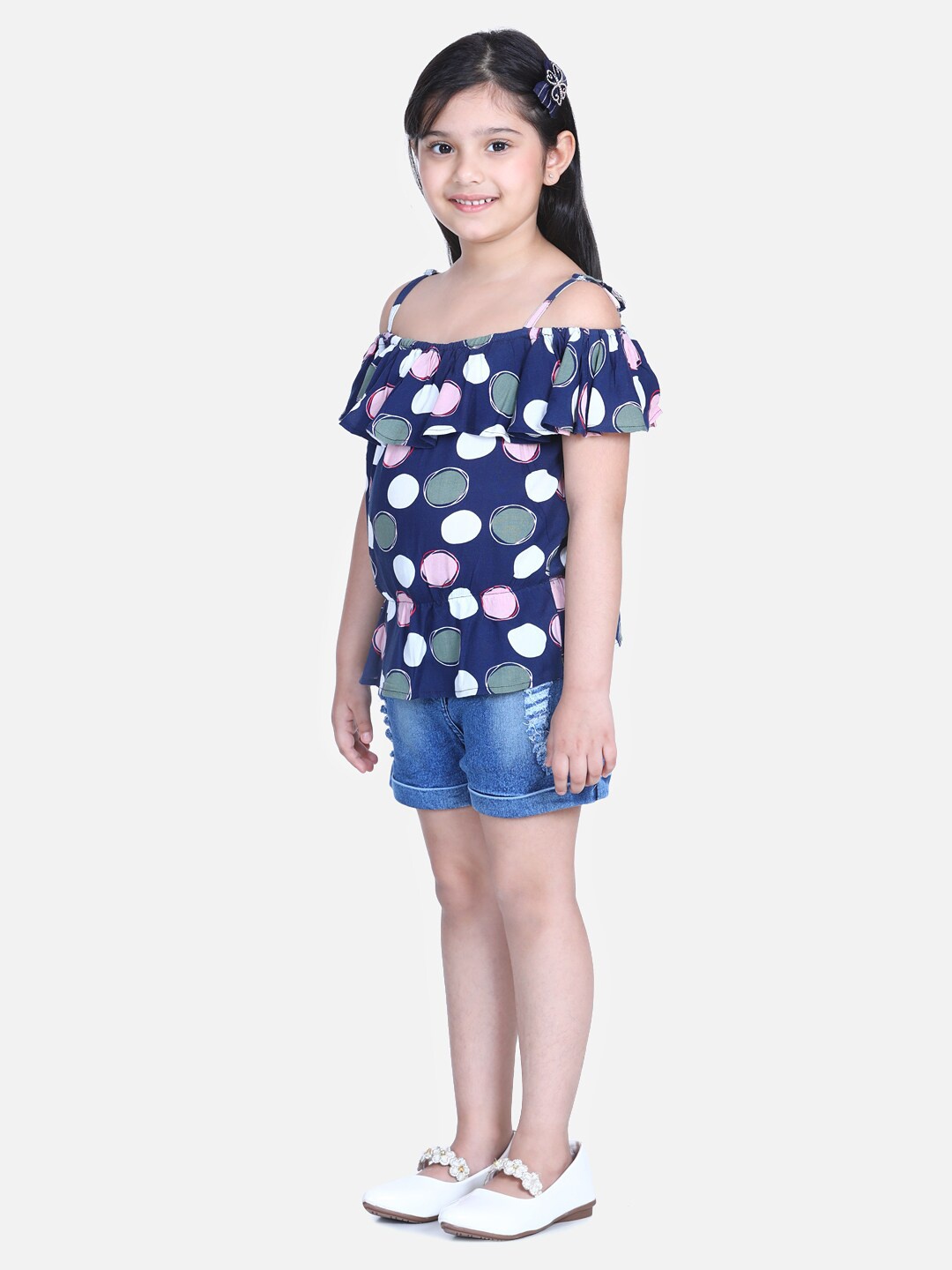 

StyleStone Girls Navy Blue & White Printed Top with Shorts