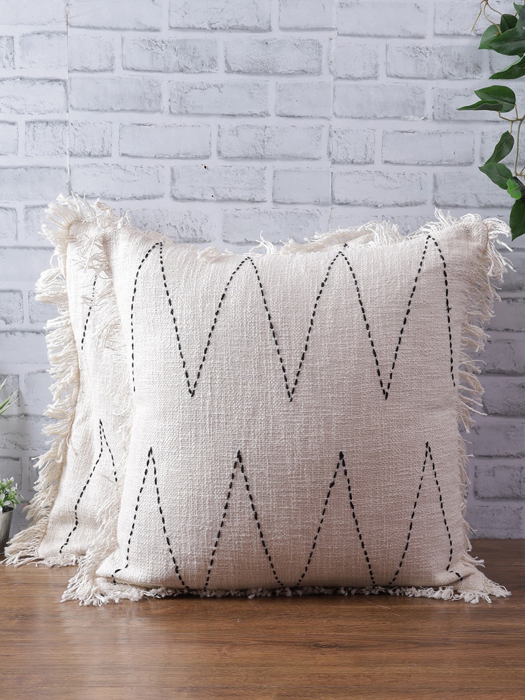 eyda Off White & Black Set of 2 Embroidered Square Cushion Covers