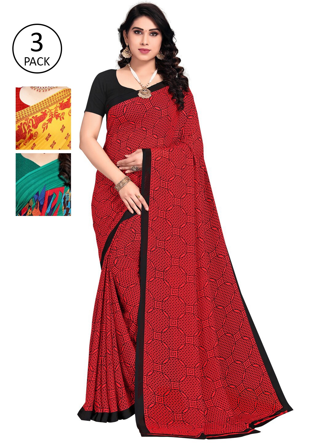 

KALINI Pack Of 3 Yellow & Red Poly Georgette Saree