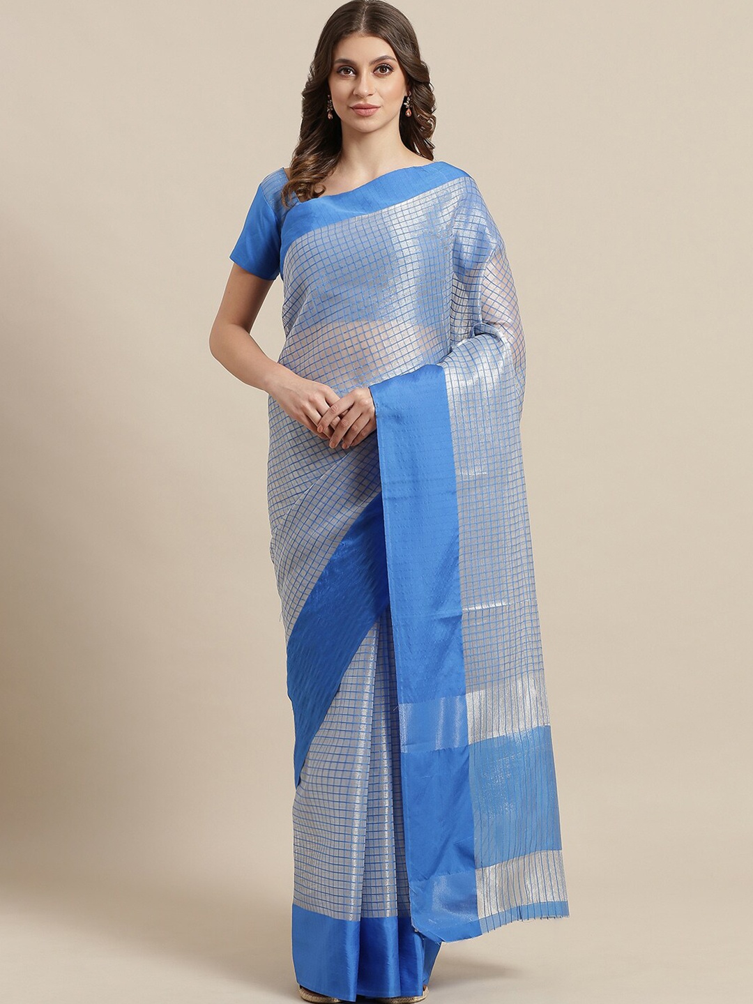 

Saree mall Grey & Blue Checked Silk Blend Sarees
