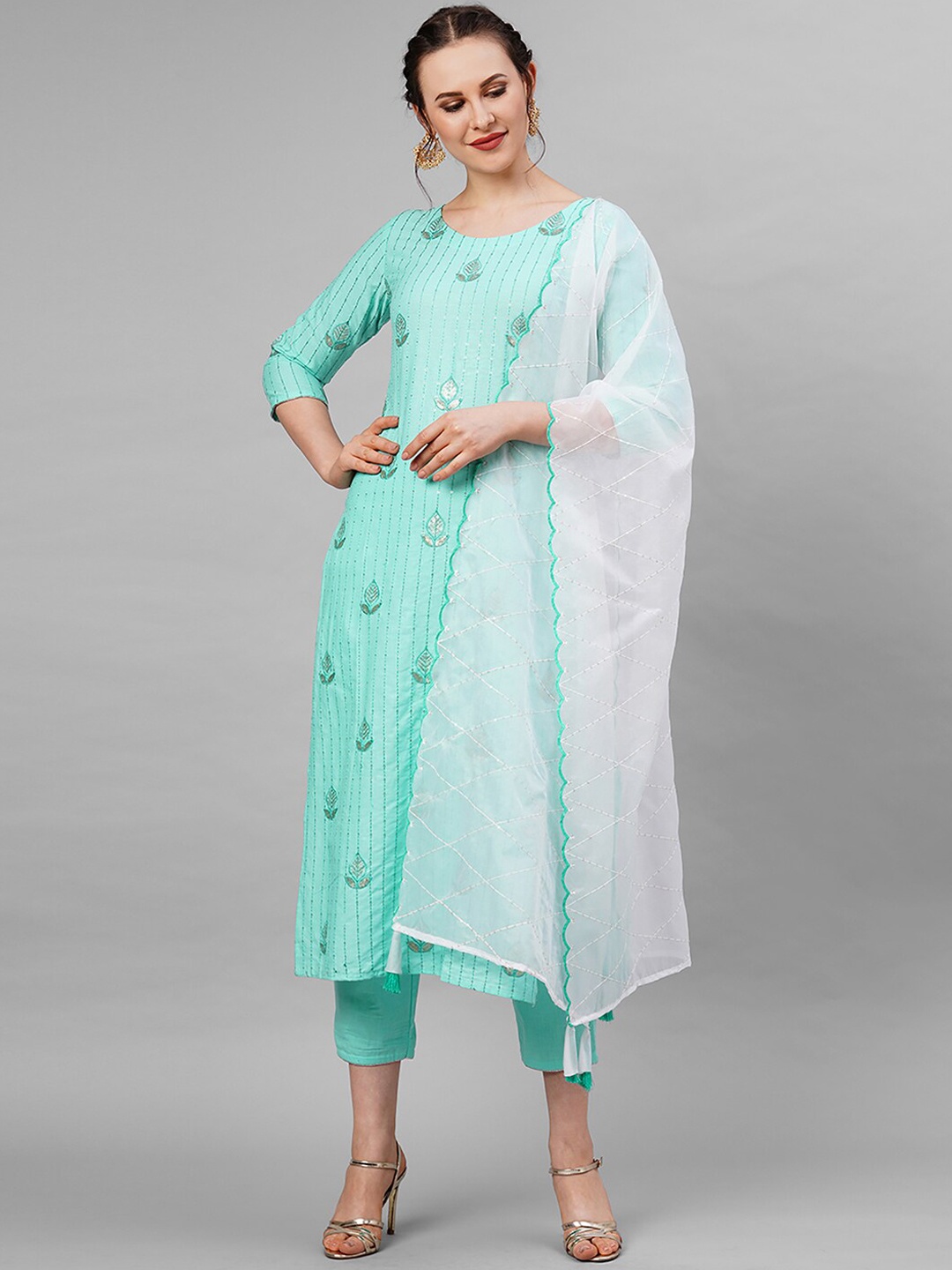 

Indo Era Women Blue & White Sequinned Embroidered Kurta with Trousers & Dupatta