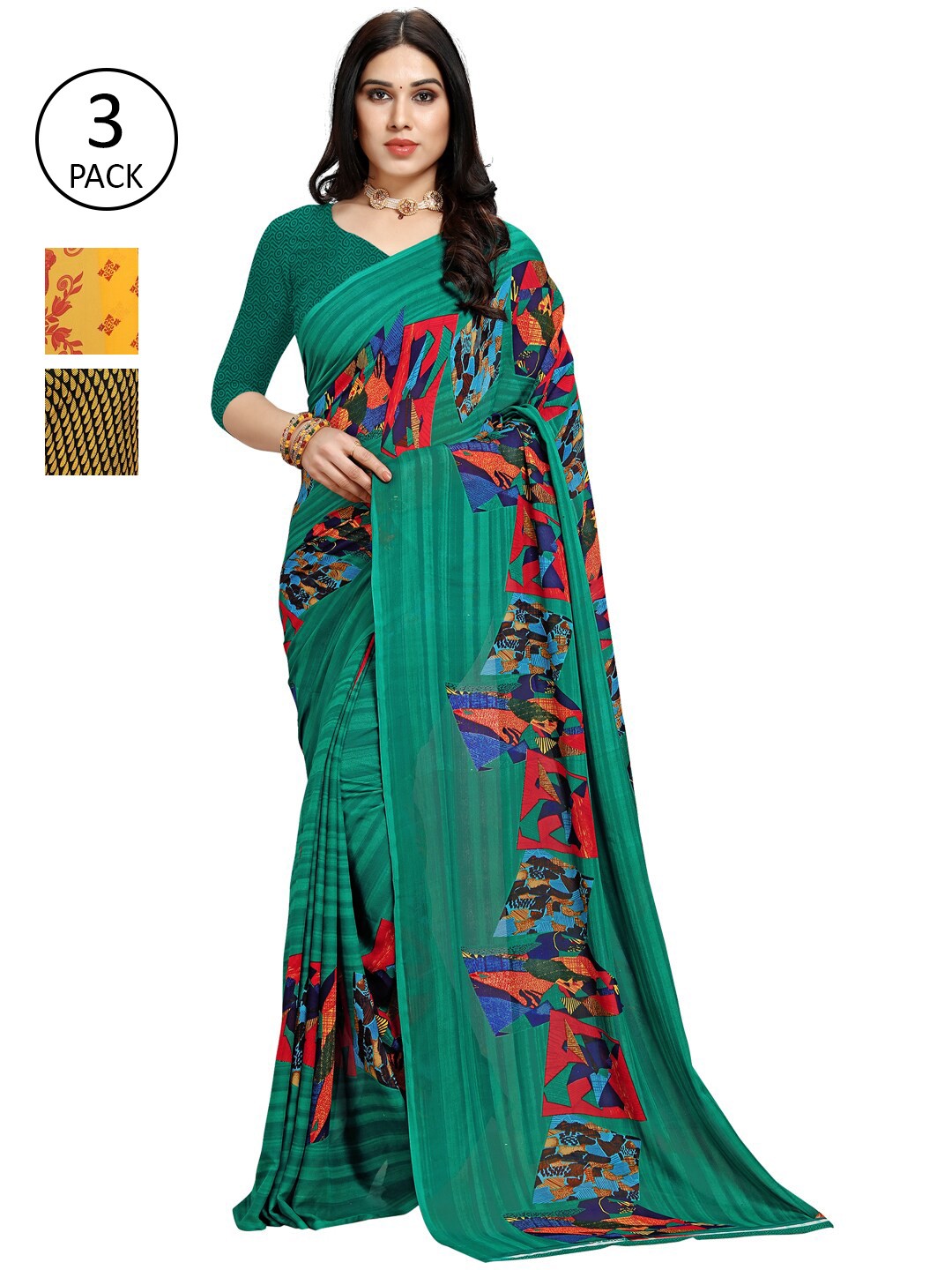 

KALINI Pack Of 3 Ethnic Motifs Sarees, Yellow