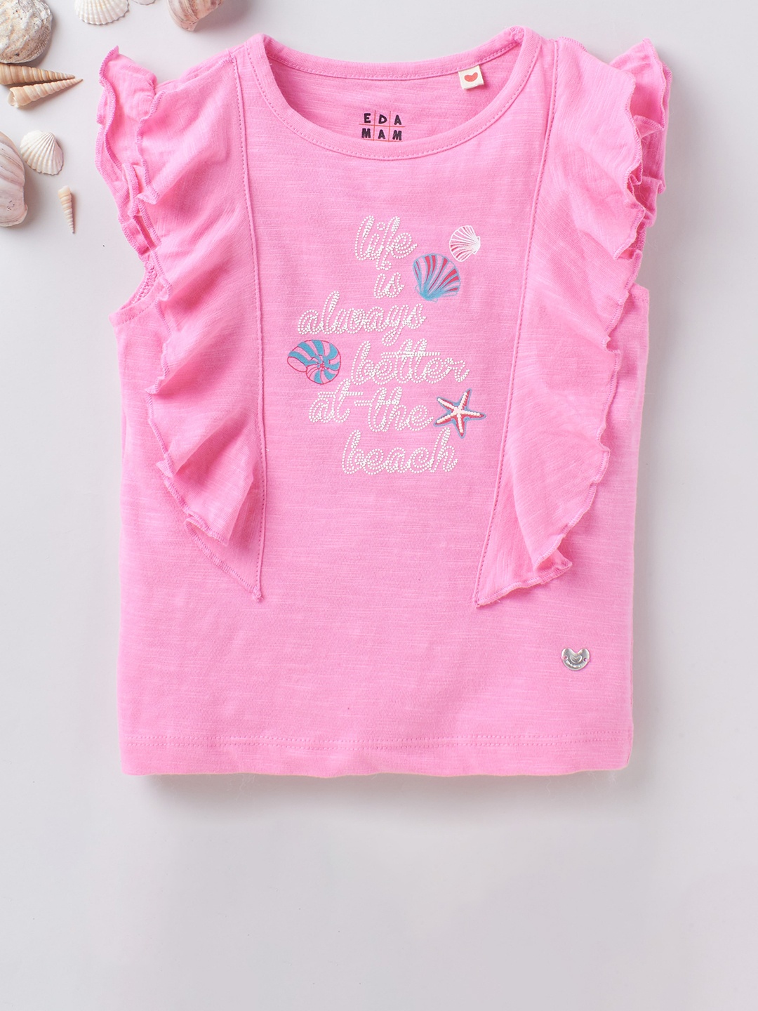 

Ed-a-Mamma Girls Pink Typography Bio Finish Pure Cotton Sustainable Ruffles Pure Cotton T-shirt