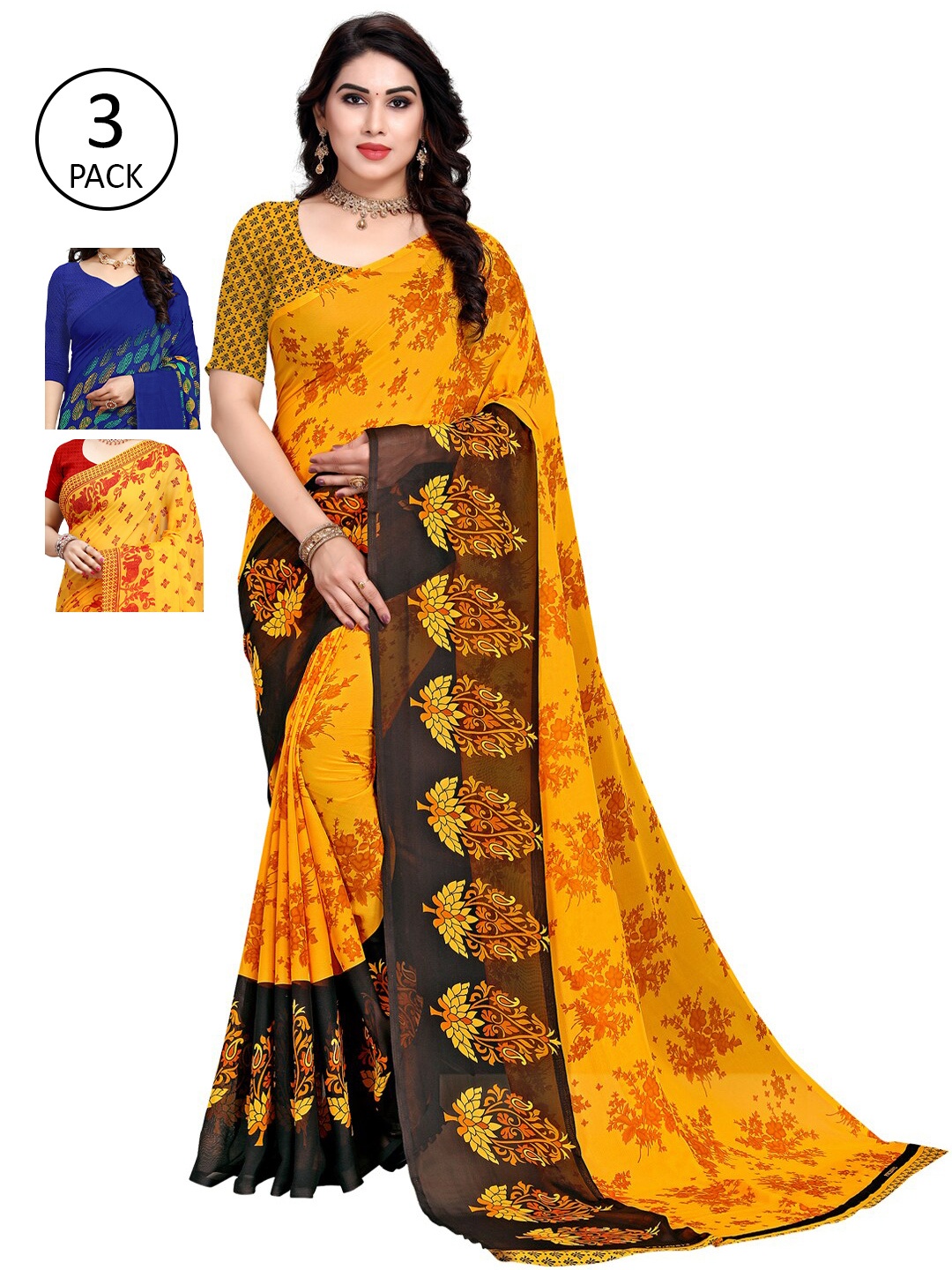 

KALINI Pack of 3 Ethnic Motifs Poly Georgette Saree, Mustard