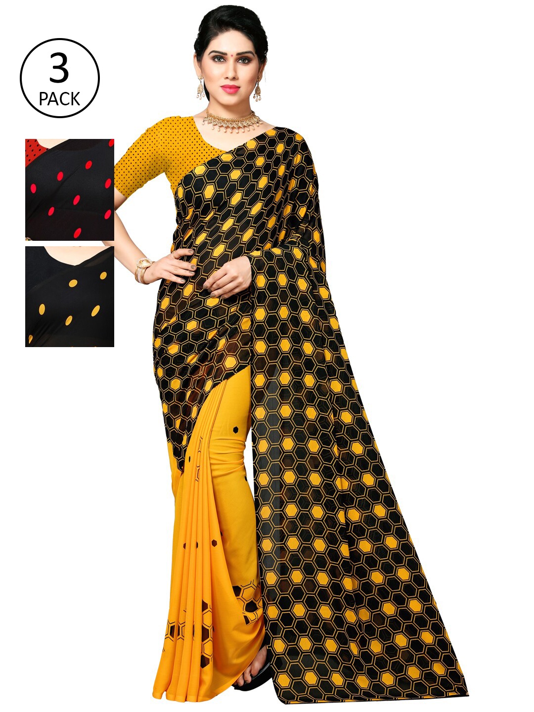 

KALINI Pack Of 3 Printed Sarees, Red