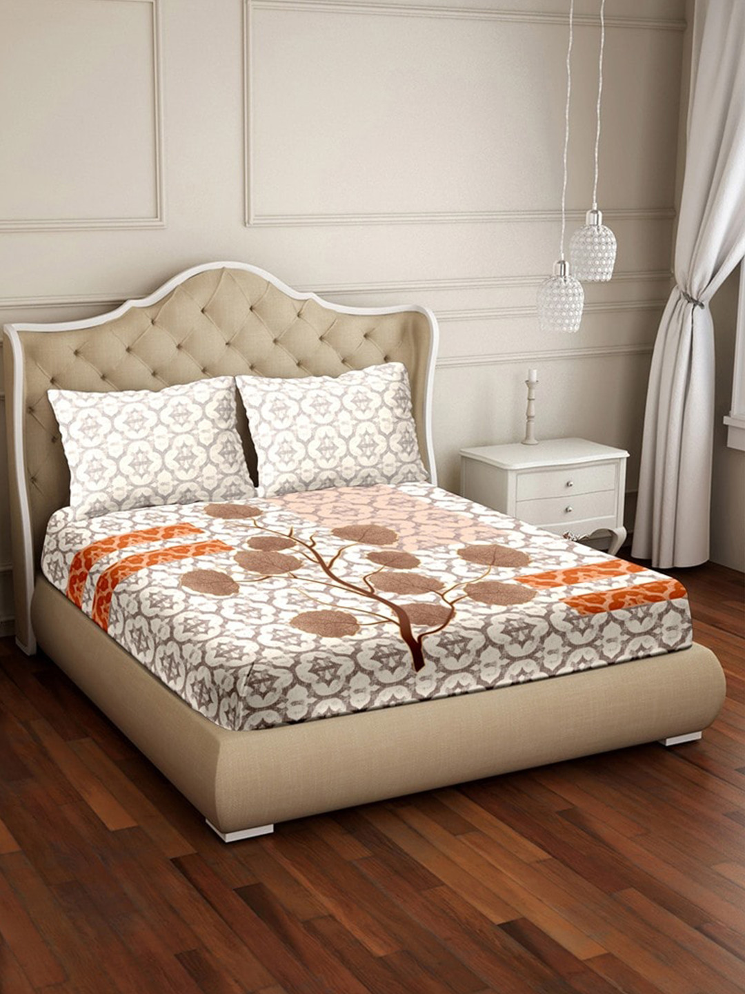 

BELLA CASA White & Brown Ethnic Motifs 250 TC King Bedsheet with 2 Pillow Covers
