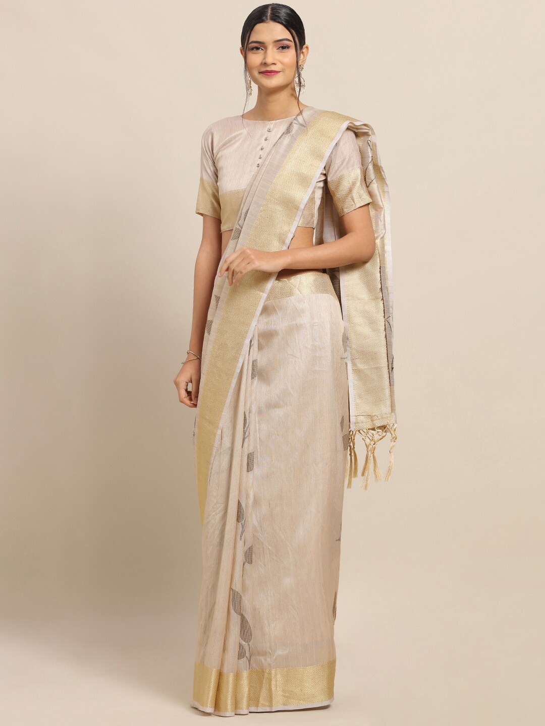 

Saree mall Beige & Gold-Toned Floral Silk Blend Sarees