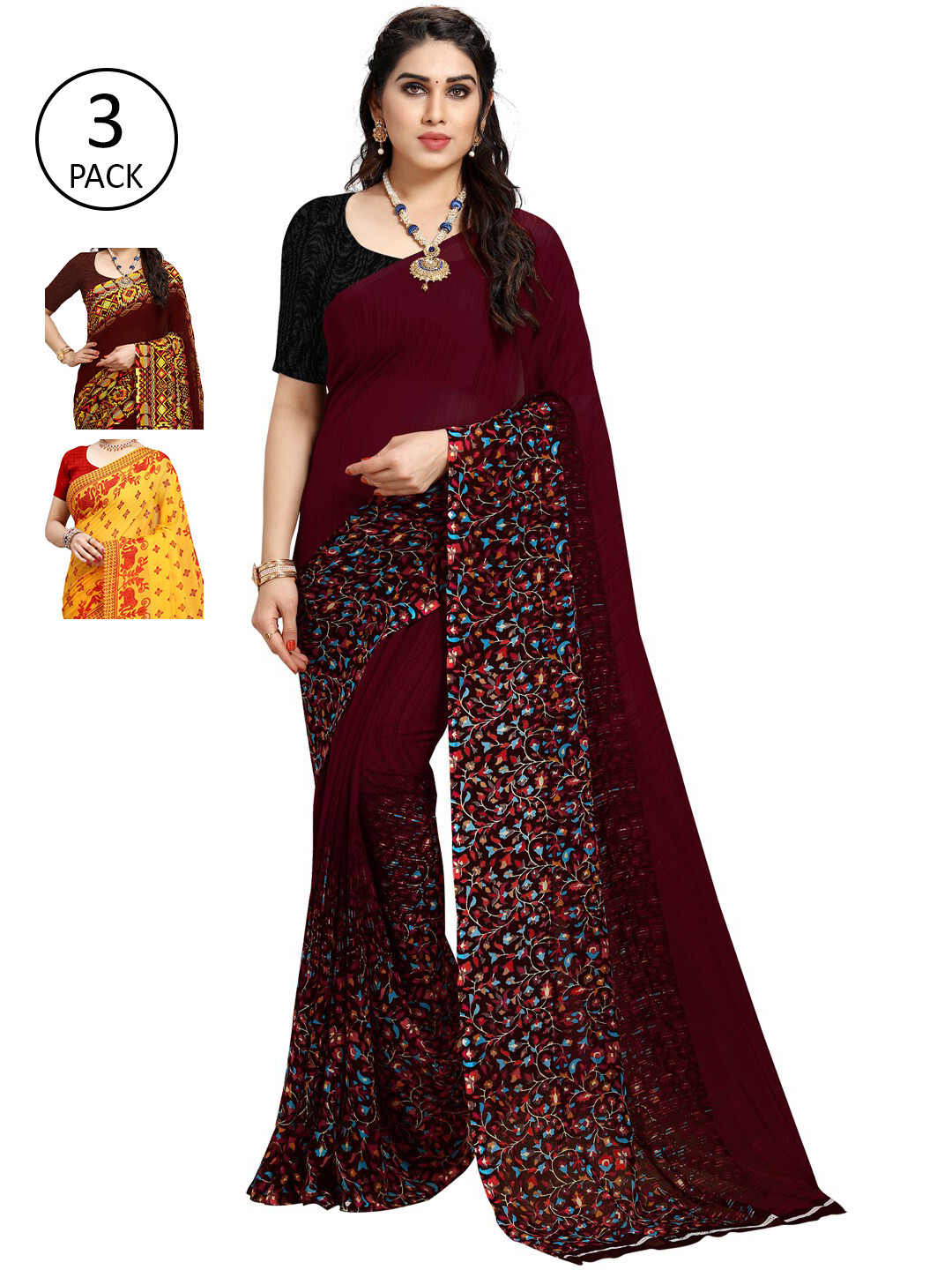 

KALINI Pack Of 3 Poly Georgette Printed Sarees, Yellow