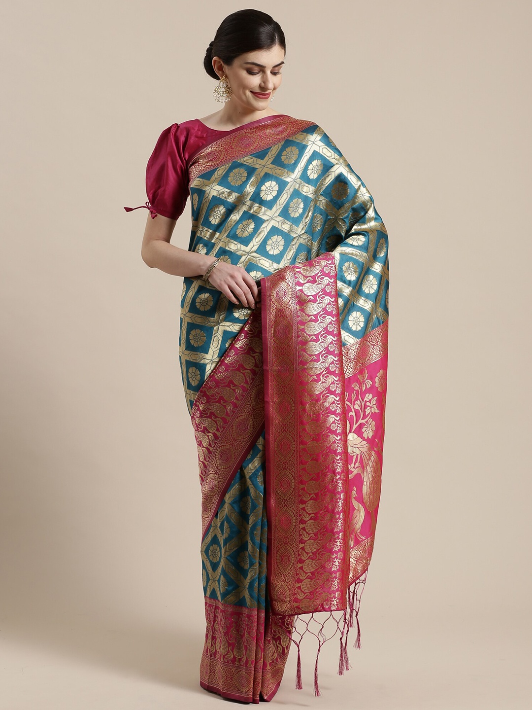 

Saree mall Navy Blue & Red Ethnic Motifs Zari Silk Blend Sarees