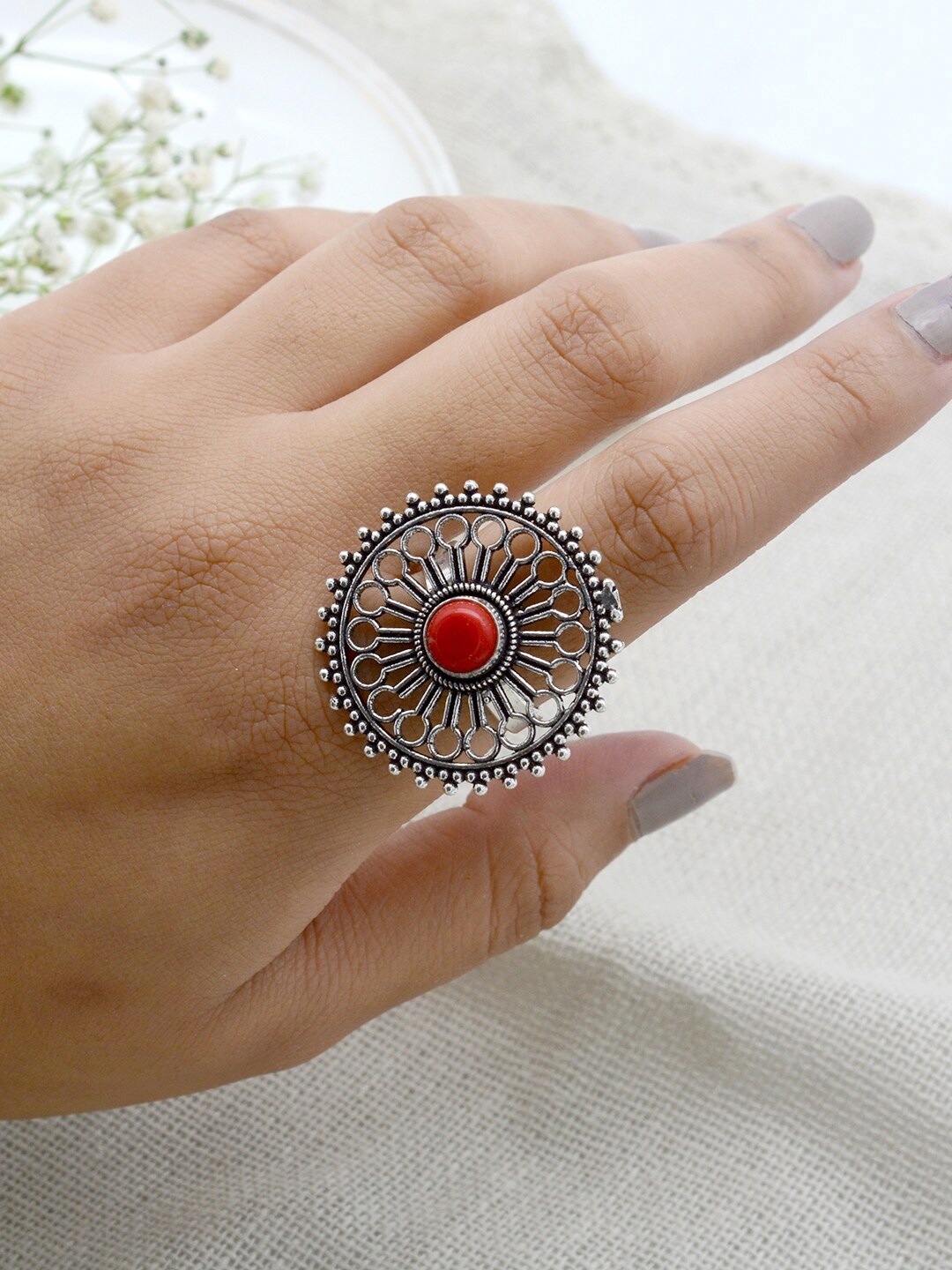

TEEJH Oxidised Silver-Toned & Red Beaded Filigree Finger Ring