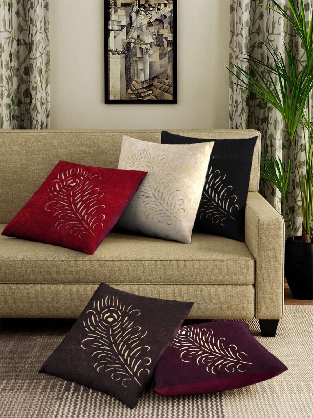 

ROMEE Cream & Red Set of 5 Velvet Square Cushion Covers