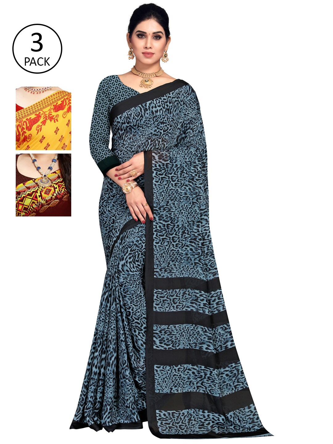 

KALINI Pack Of 3 Poly Georgette Printed Sarees, Yellow