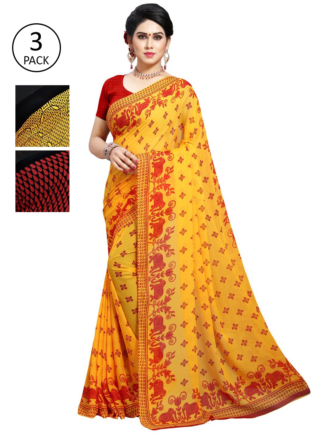 

KALINI Pack Of 3 Poly Georgette Printed Sarees, Yellow