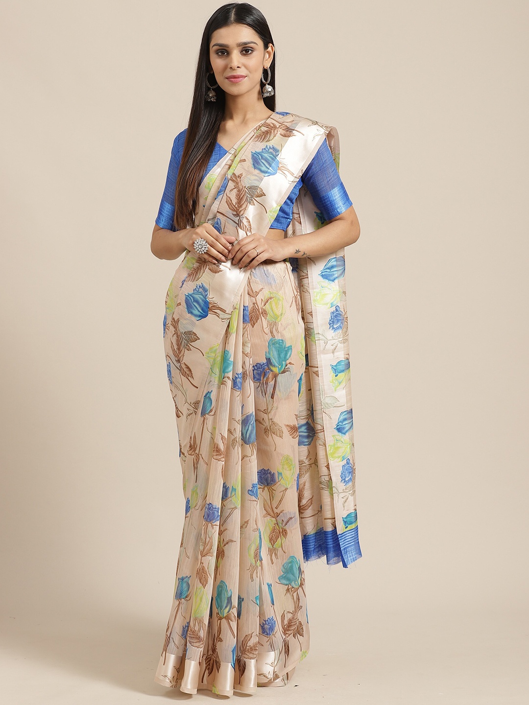 

Saree mall Cream & Blue Floral Linen Blend Sarees