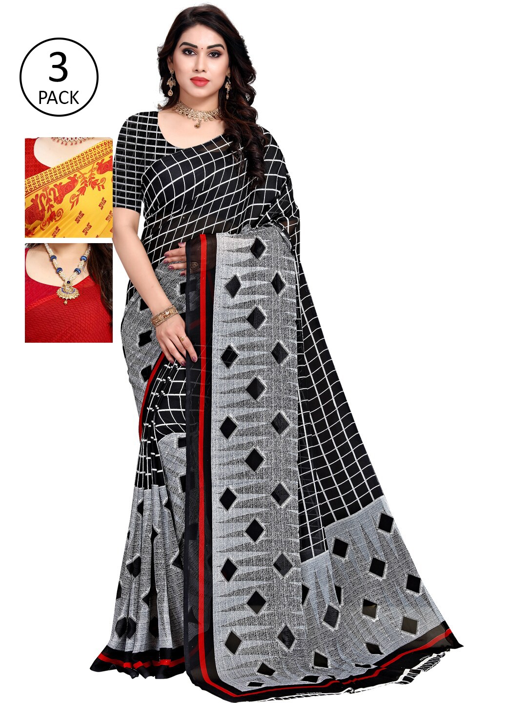 

KALINI Pack Of 3 Ethnic Motifs Sarees, Yellow