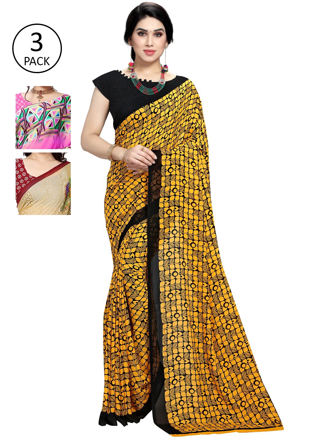 

KALINI Pink & Beige Pack of 3 Floral Saree