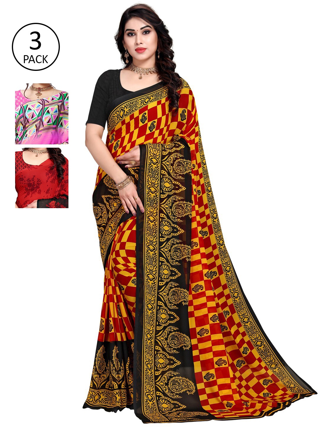 

KALINI Pack of 3 Printed Poly Georgette Saree, Multi
