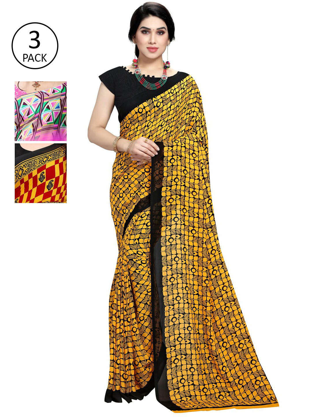 

KALINI Pack of 3 Printed Poly Georgette Saree, Pink