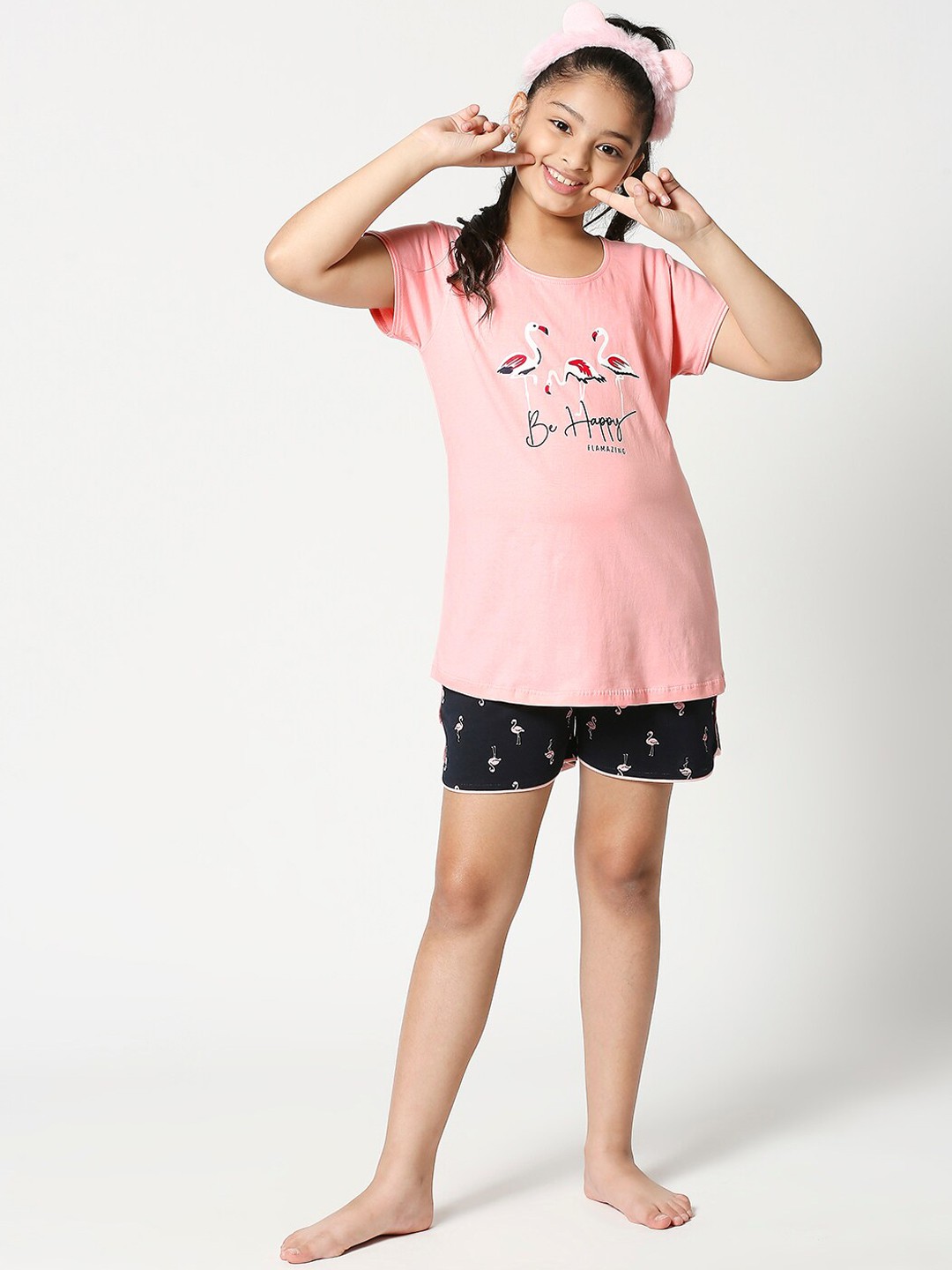 

Zeyo Girls Peach & Navy Blue Printed Cotton Night suit