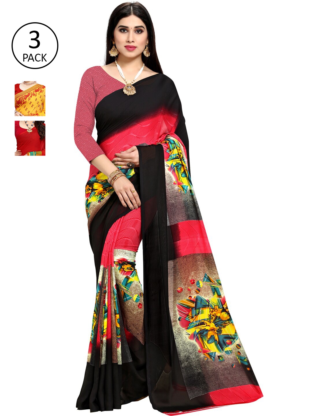 

ANAND SAREES Pack of 3 Printed Poly Georgette Saree, Multi