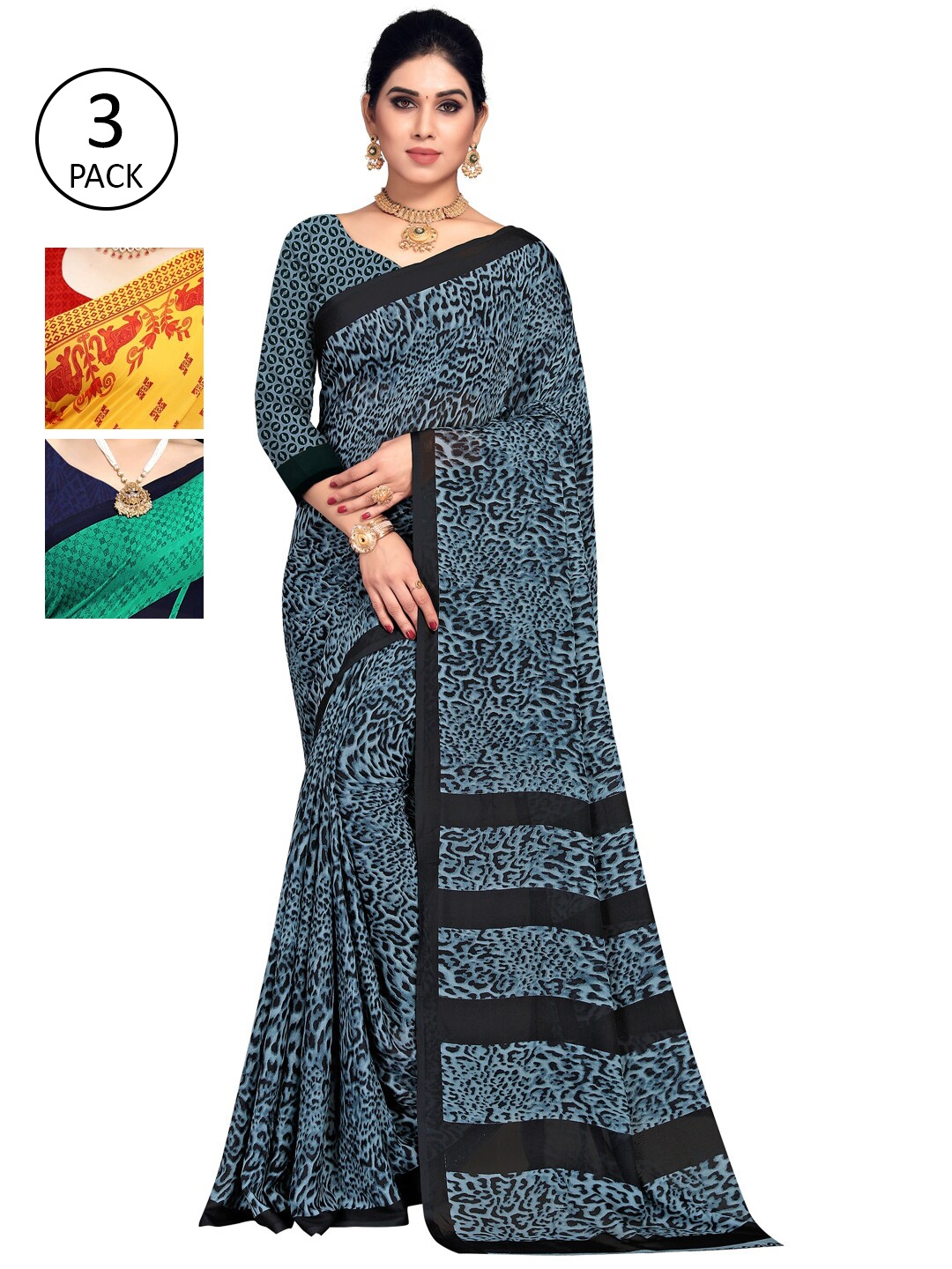 

KALINI Pack Of 3 Navy Blue & Red Ethnic Motifs Saree