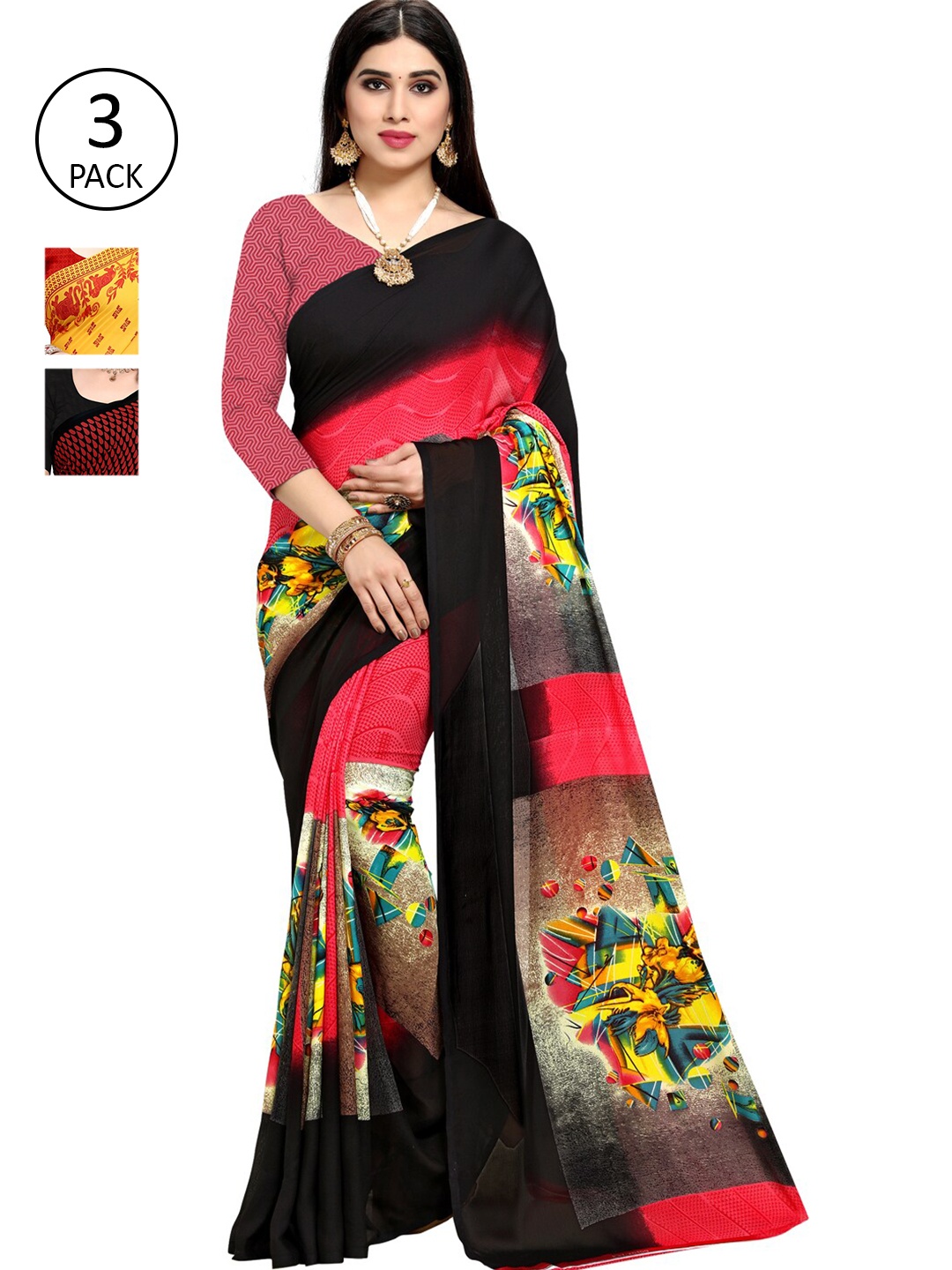 

ANAND SAREES Pack of 3 Printed Poly Georgette Saree, Yellow