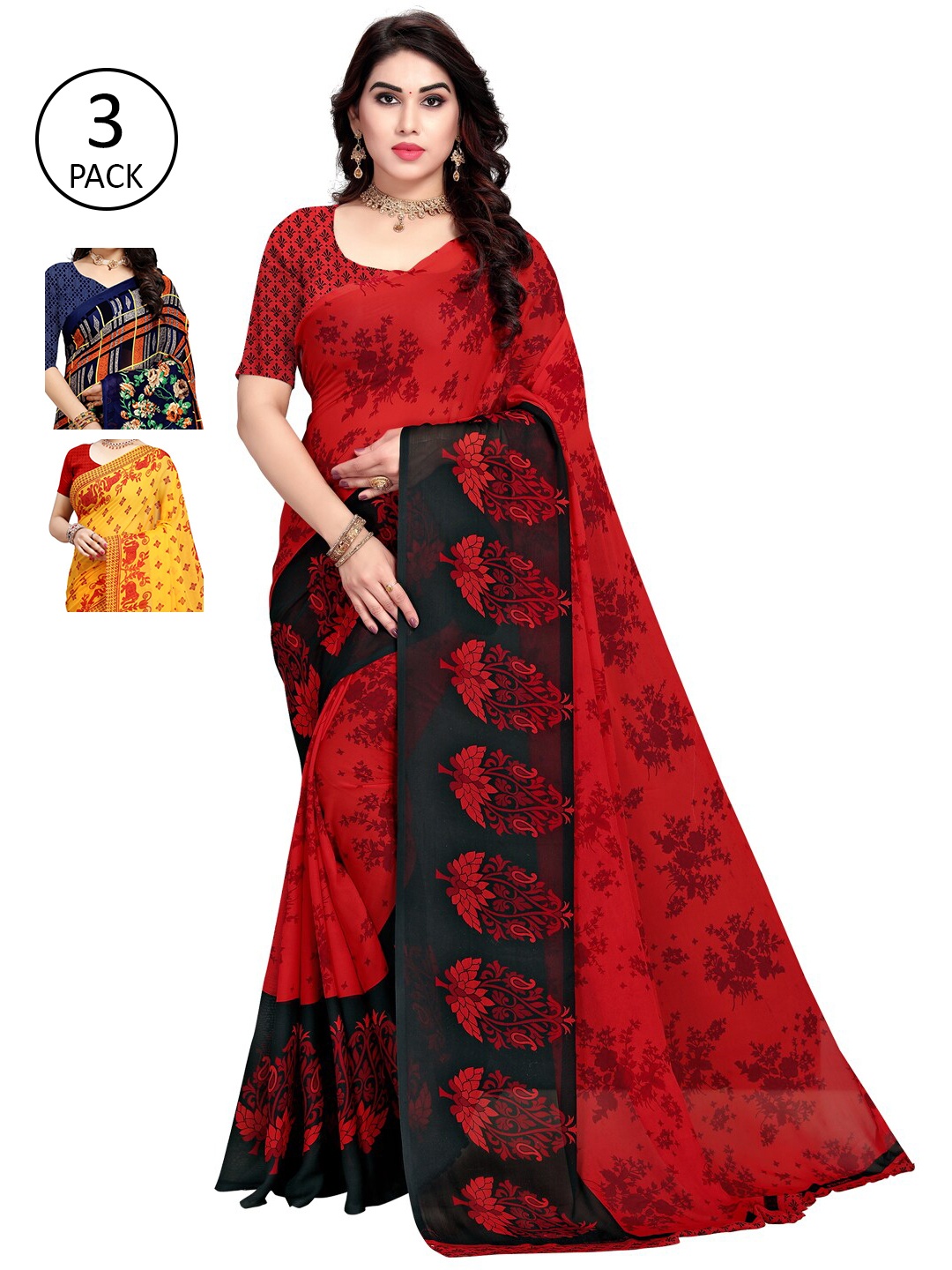 

KALINI Pack of 3 Printed Poly Georgtte Saree, Yellow