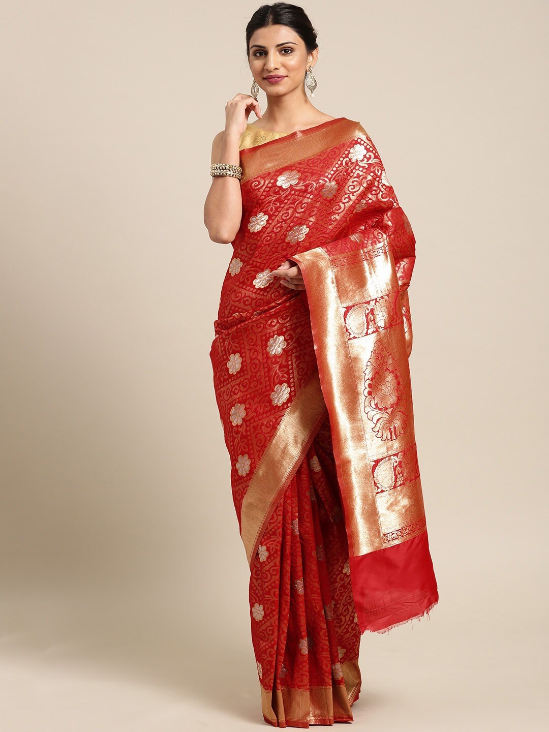 

Saree mall Red & Gold-Toned Floral Silk Blend Sarees