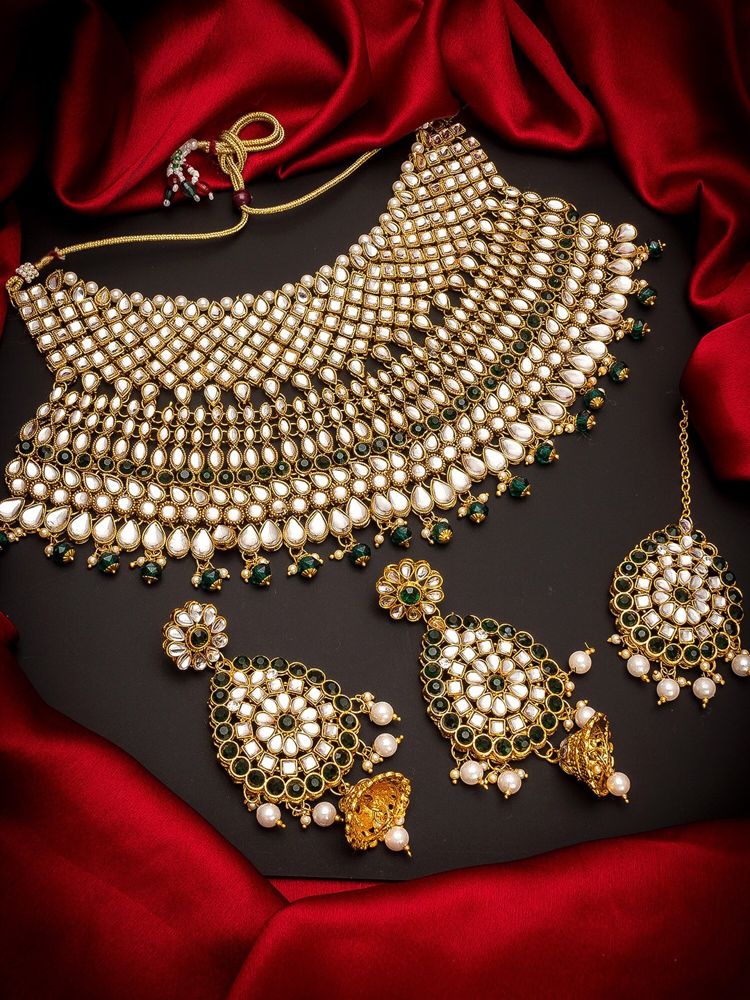 

aadita Gold-Plated White & Black AD-Studded & Beaded Choker Jewellery Set