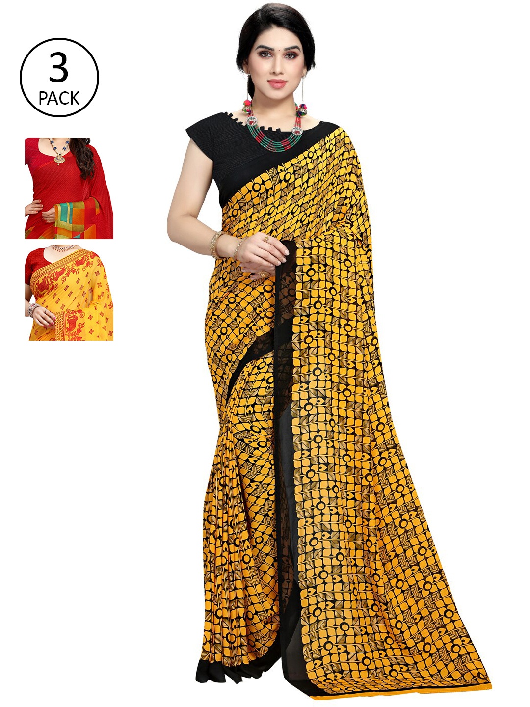 

KALINI Pack Of 3 Ethnic Motifs Sarees, Yellow