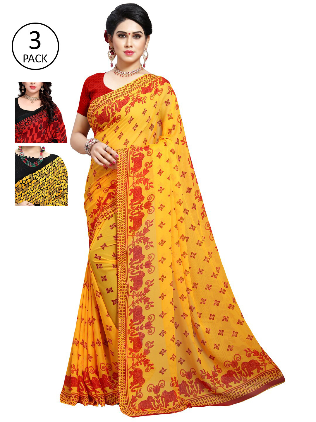 

KALINI Yellow & Red Ethnic Motifs Pack of 3 Saree