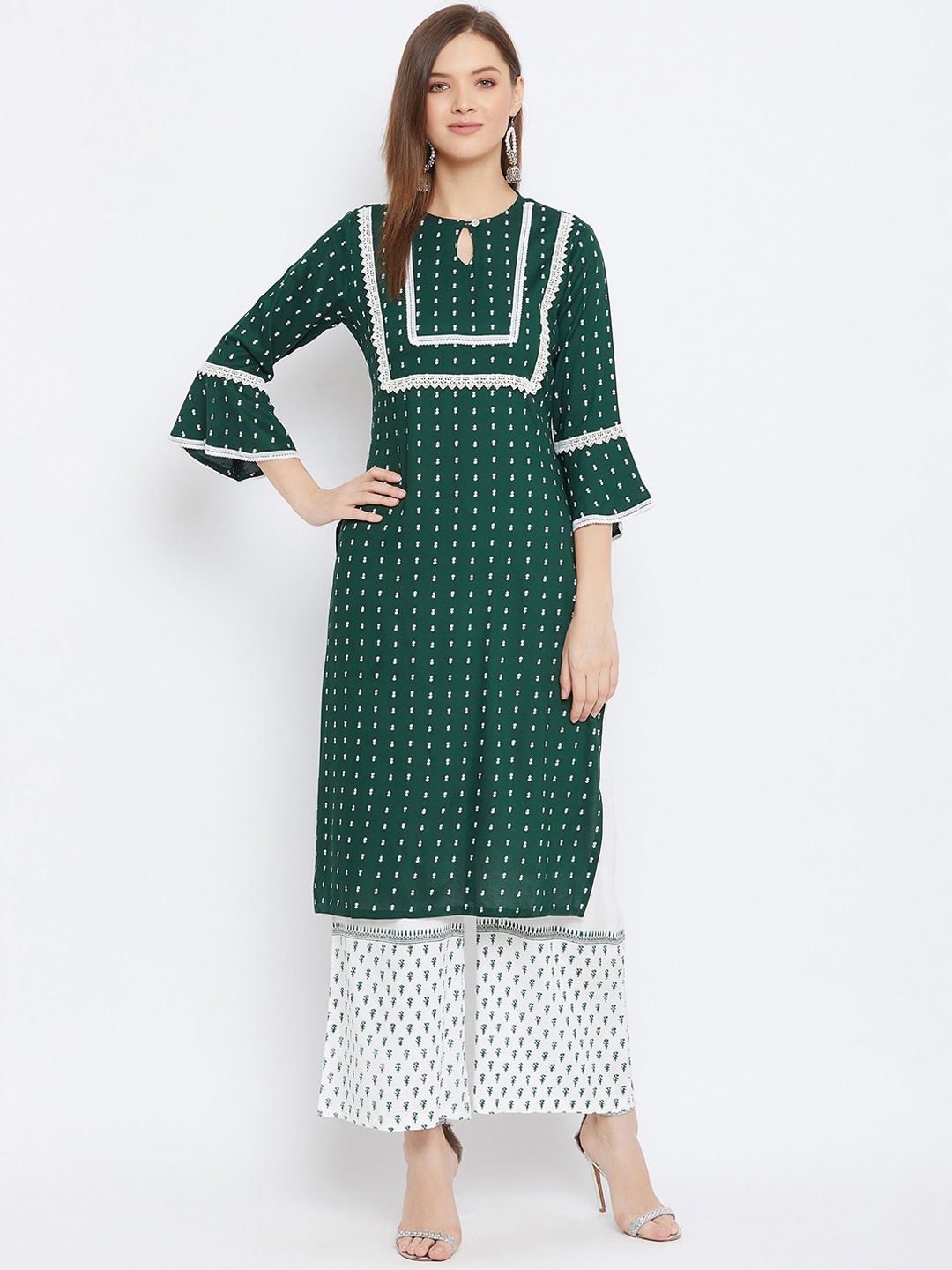 

Bitterlime Women Green Ethnic Motifs Printed Kurta with Palazzos
