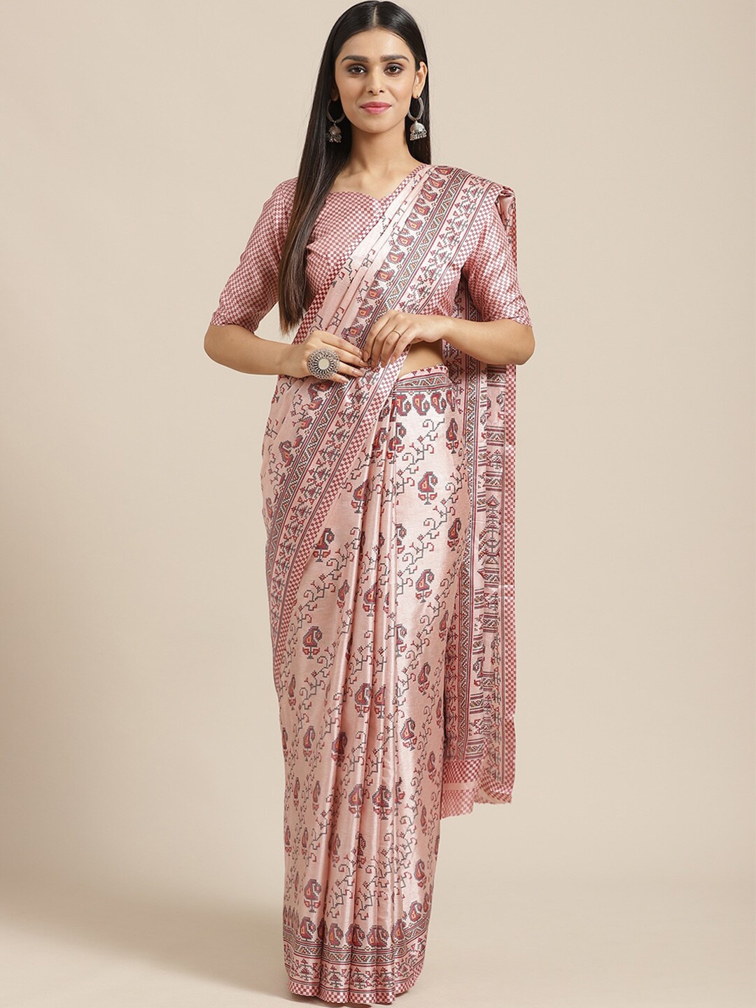 

Saree mall Peach & White Ethnic Motifs Silk Blend Sarees