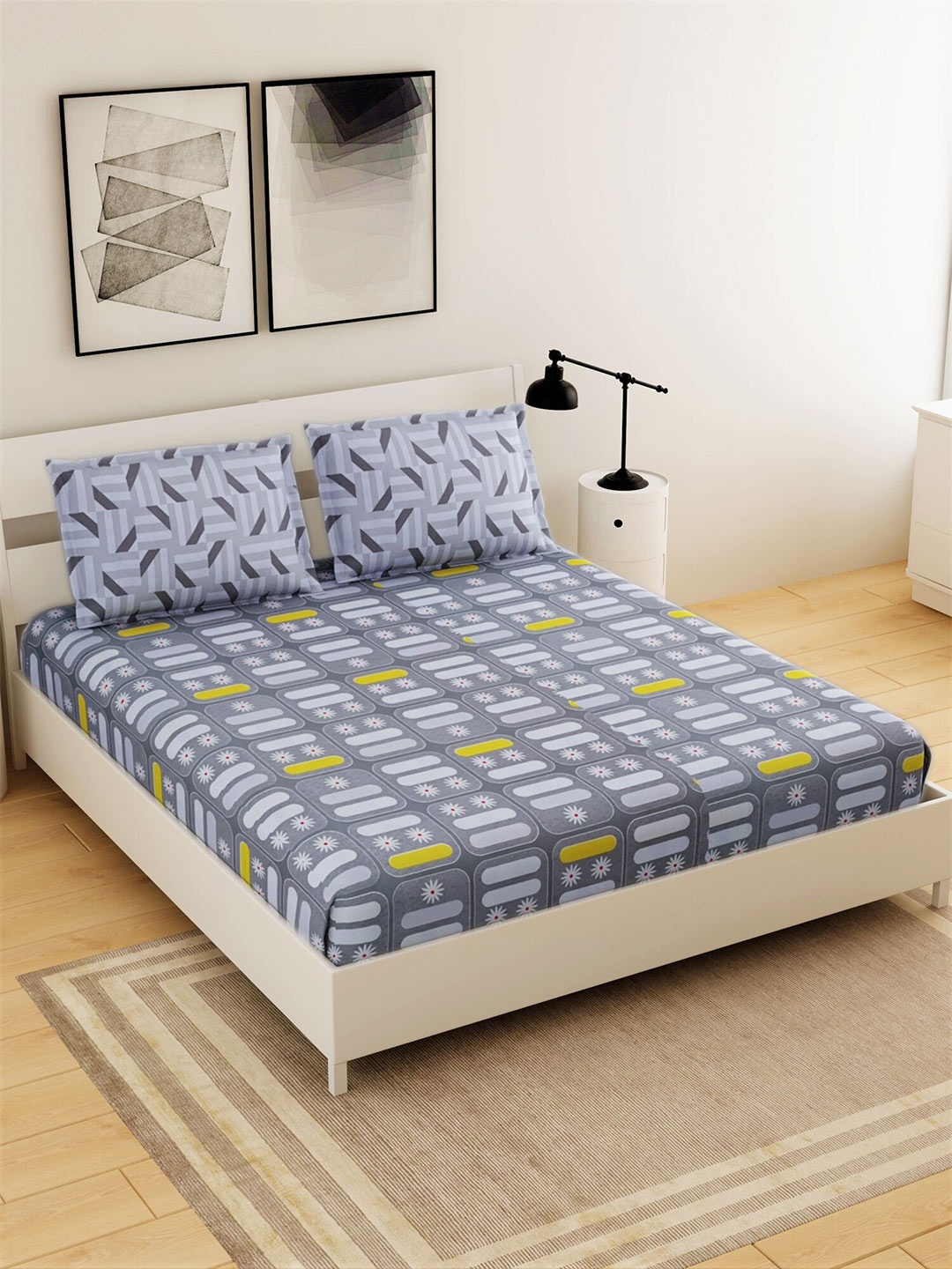 

Salona Bichona Grey 144 TC Cotton Queen Bedsheet with 2 Pillow Covers