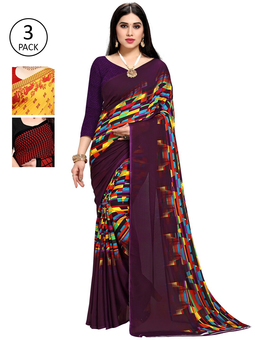 

KALINI Pack Of 3 Yellow & Red Saree