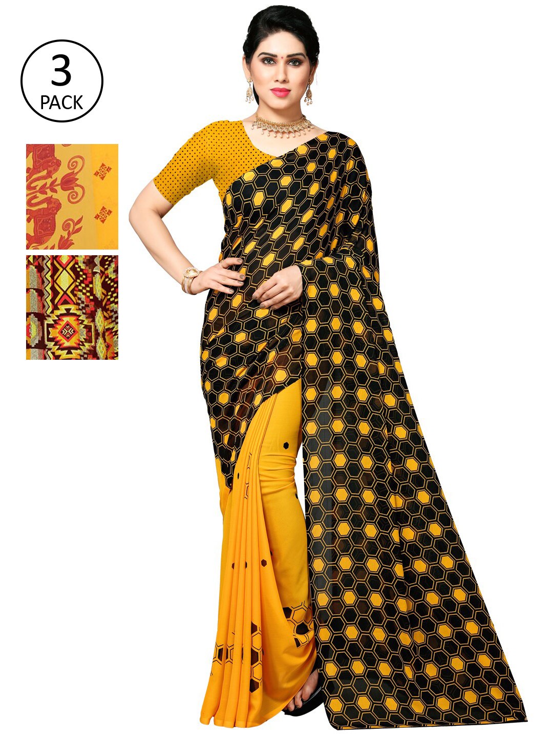 

KALINI Pack Of 3 Floral Sarees, Yellow