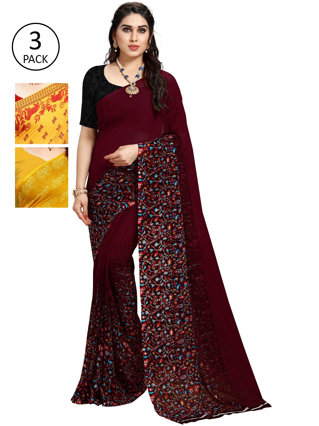 

KALINI Pack Of 3 Yellow & Maroon Saree
