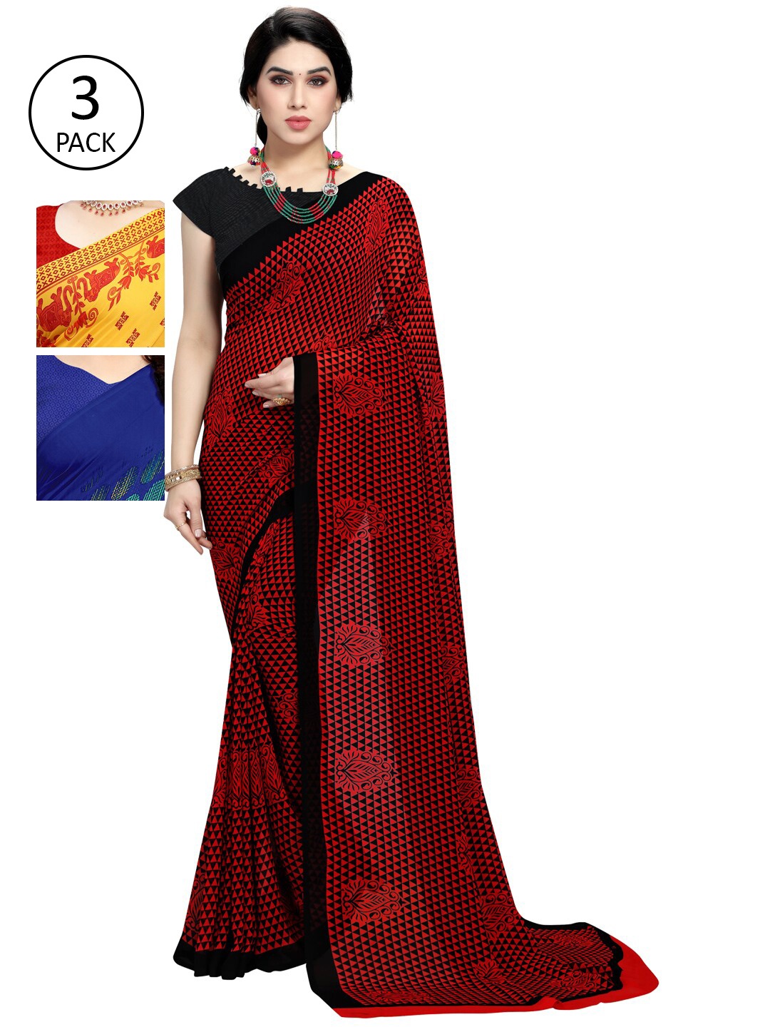 

KALINI Pack Of 3 Poly Georgette Printed Sarees, Yellow