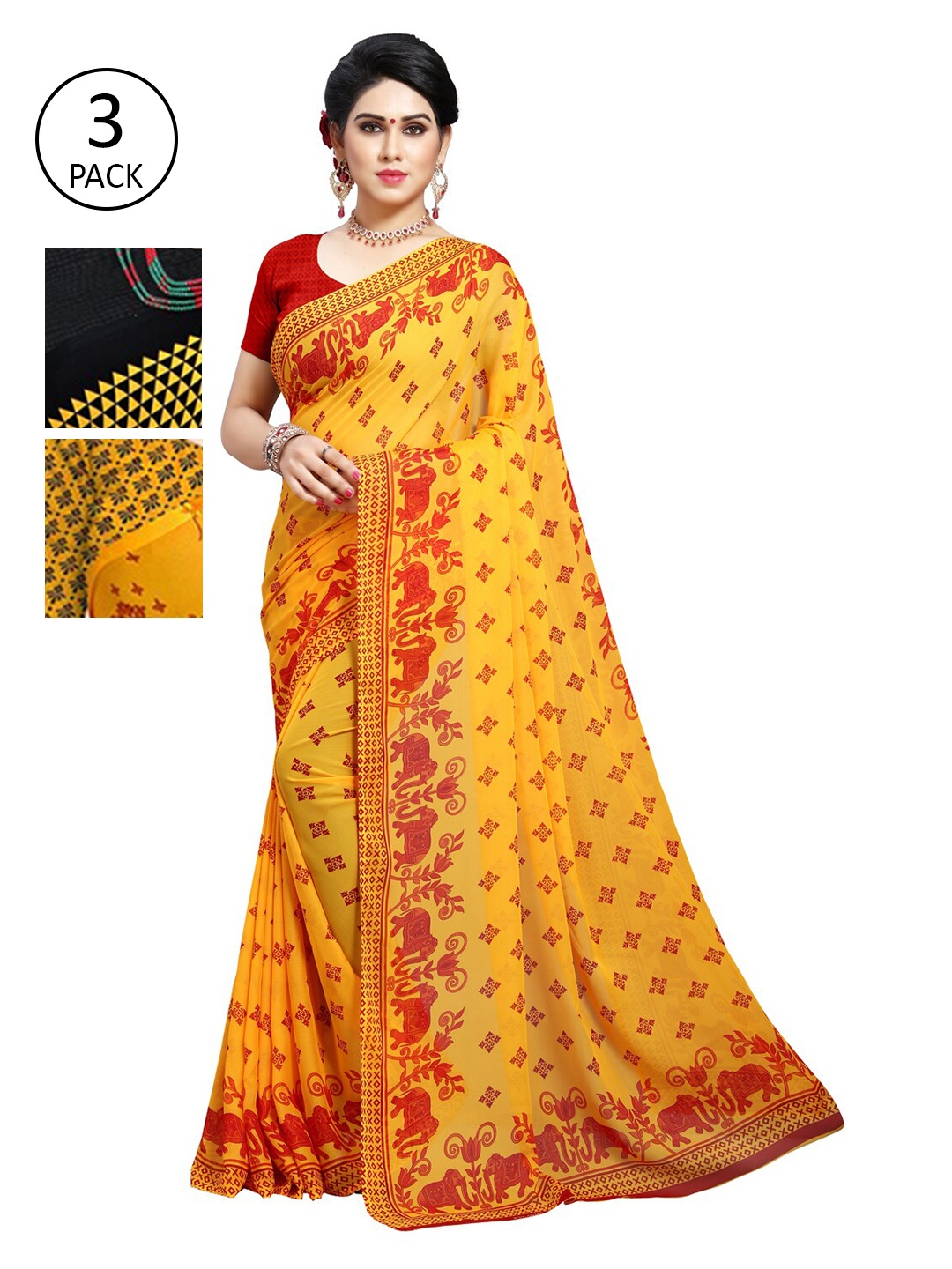 

KALINI Yellow Red & Black Ethnic Motifs Saree With Blouse Piece Pack of 3
