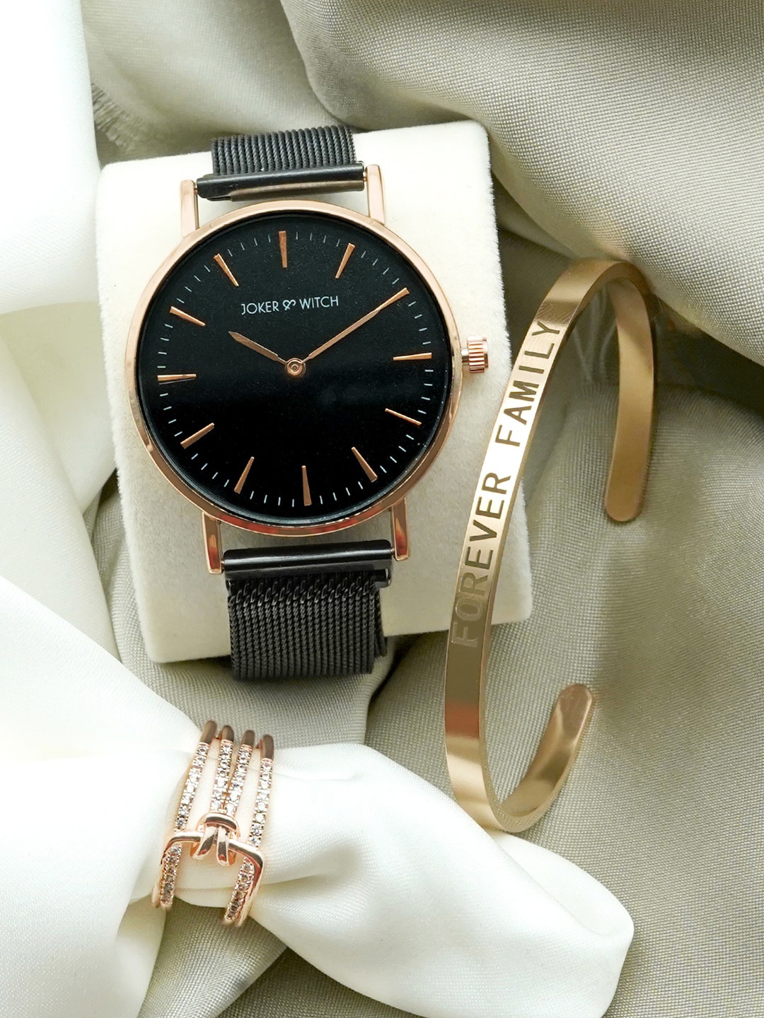 

JOKER & WITCH Women Black Gold-Toned Cherry Cola Love Triangle Watch Gift Set JWLT185