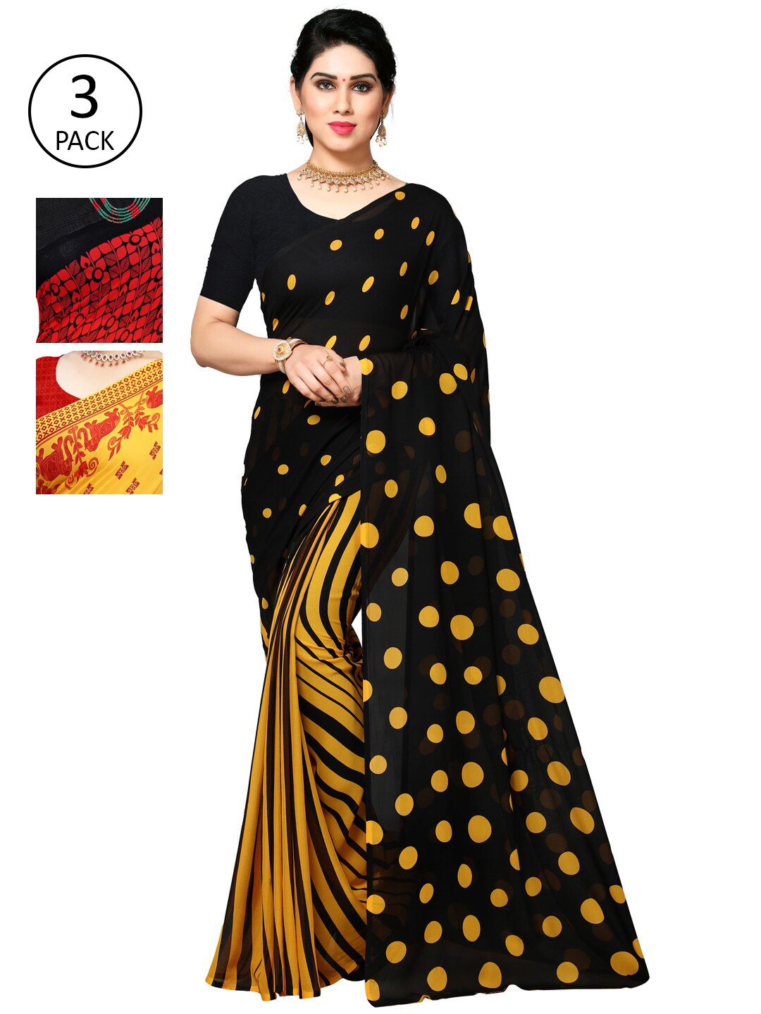 

KALINI Yellow & Black Ethnic Motifs Pack of 3 Saree