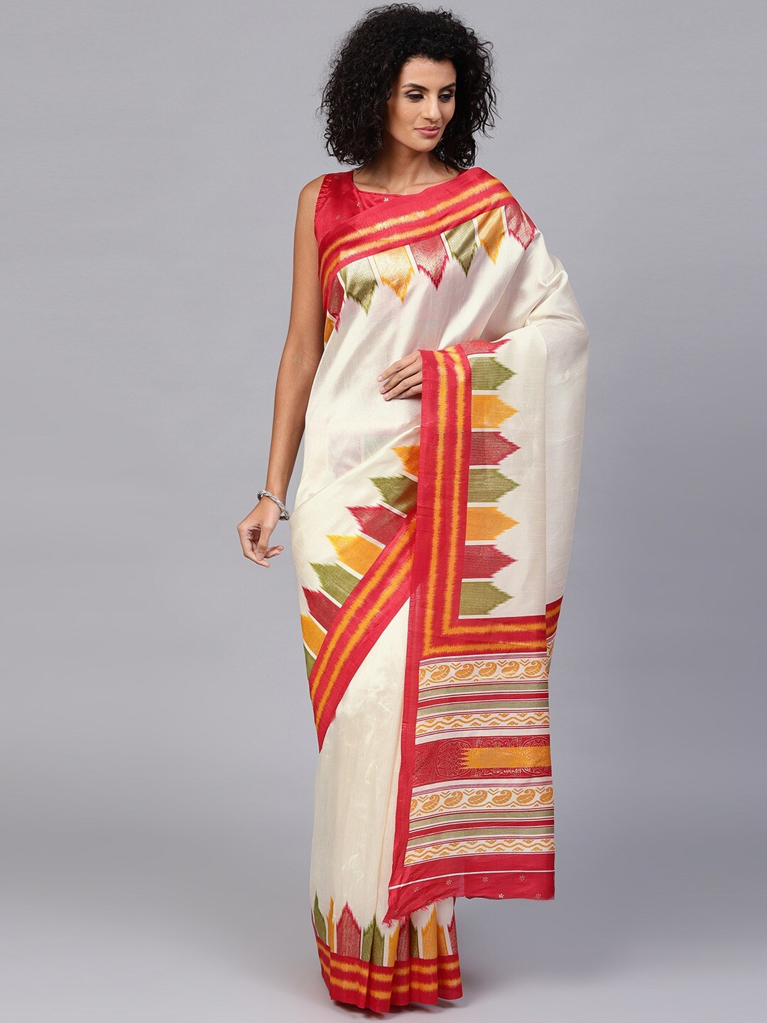 

Saree mall Cream & Red Silk Blend Sarees