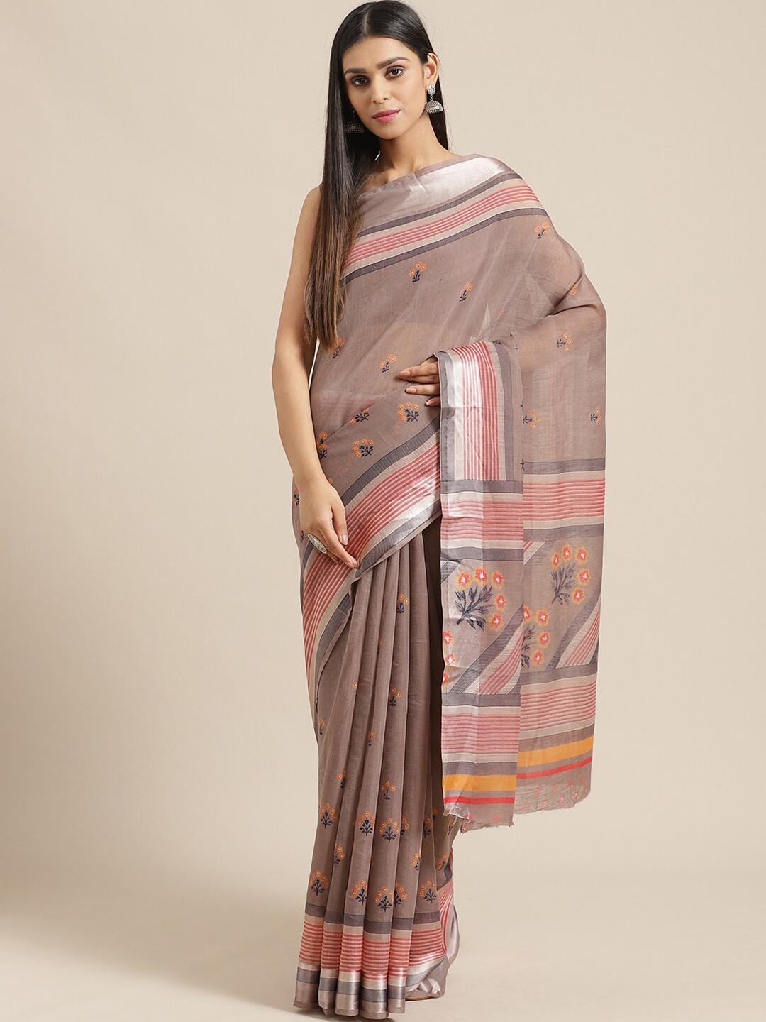 

Saree mall Brown & Pink Ethnic Motifs Cotton Blend Sarees