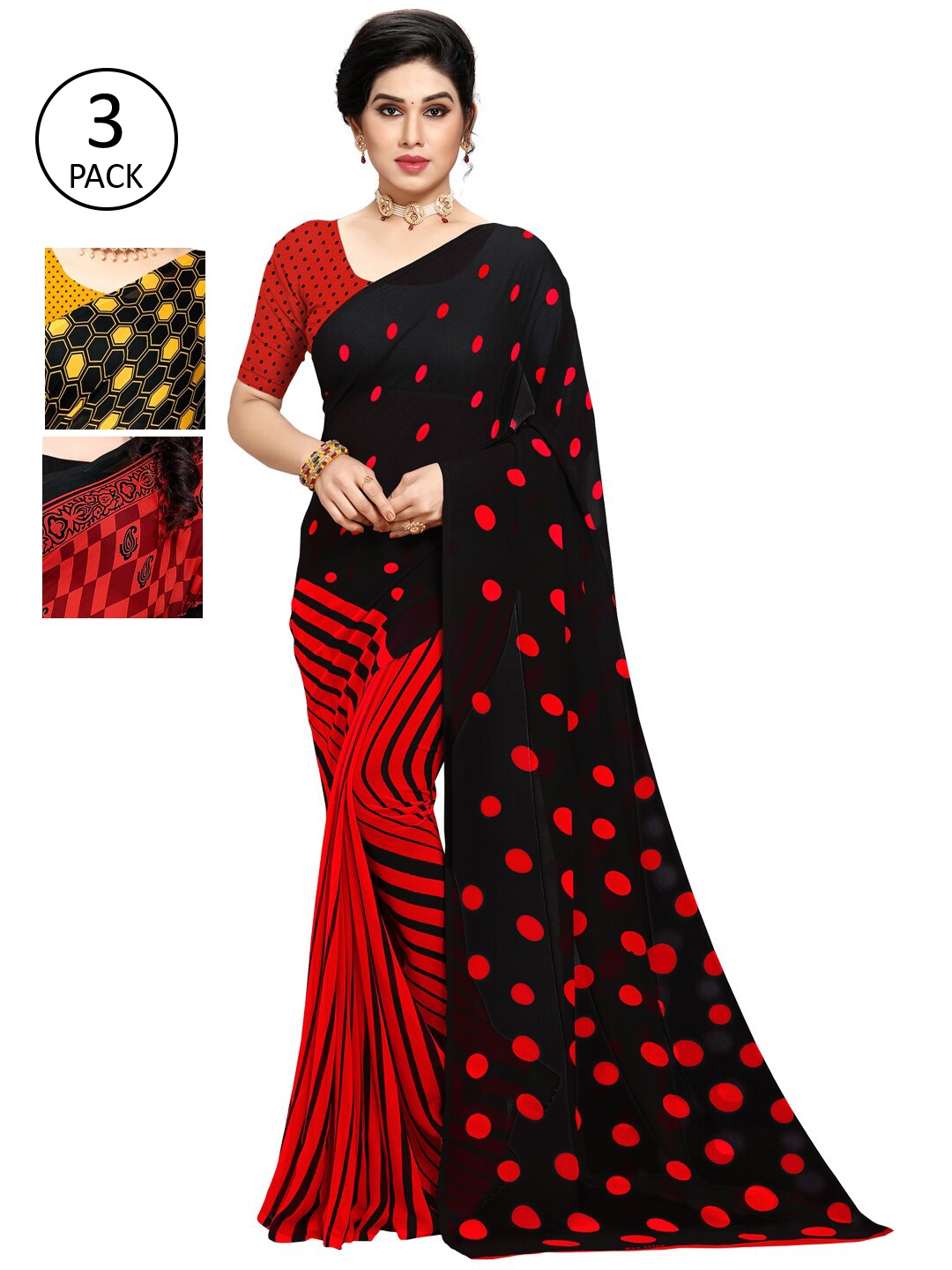 

KALINI Pack Of 3 Ethnic Motifs Sarees, Black