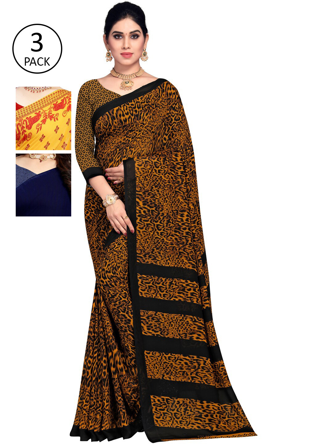 

KALINI Pack of 3 Printed Poly Georgtte Saree, Yellow